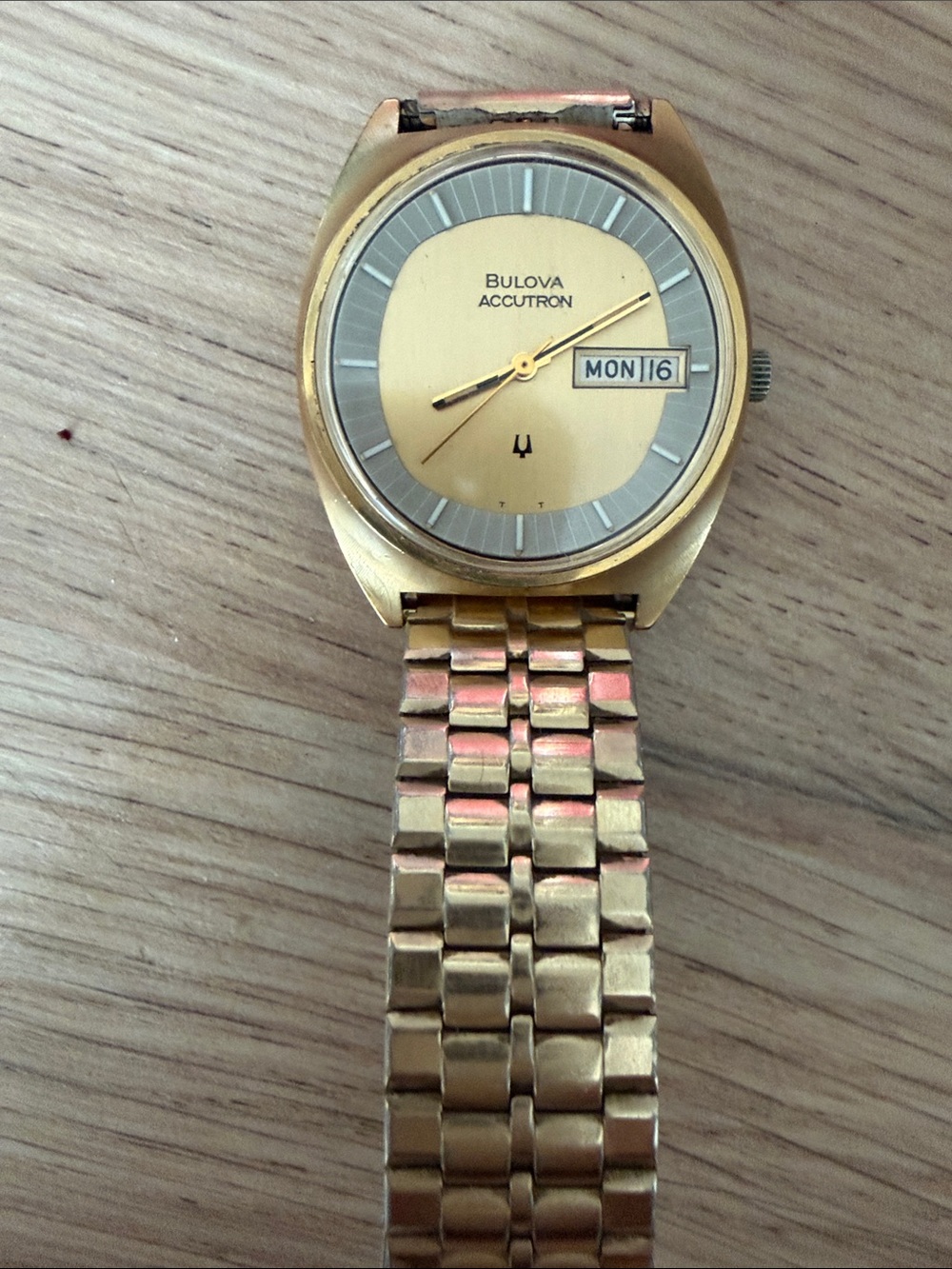 Bulova Accutron Gold Tone Men's Day-Date Watch with Gold Electroplated Bezel